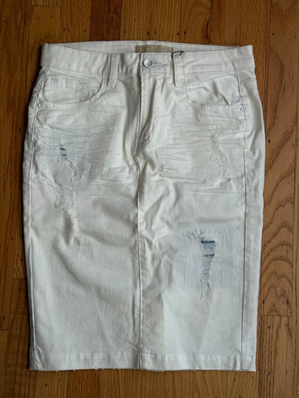 Zara Z1975 White Distressed Denim Pencil Skirt Size S